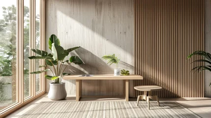 Photo sur Plexiglas Style bohème 3d rendering home interior design of home workplace desk and plant decoration. AI generated image