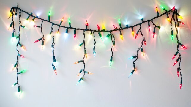 A garland of Christmas lights on a plain white background.