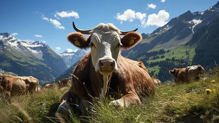 Gordijnen Breathtaking image of a cow peacefully grazing in a meadow with snow-capped mountains in the background. Generative AI © kovalovds