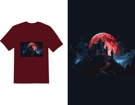 Moon T-Shirt design Black and red illustration Template with house design