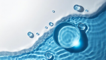 Top-Down View: Abstract 3D Blue Water Ripples Waves and Bubbles on White Background (Banner Template with Copy Space)