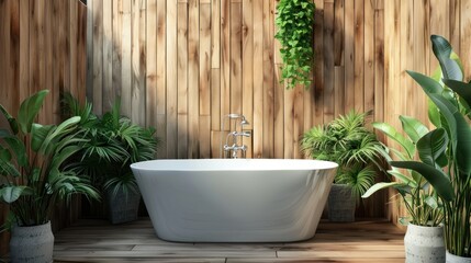 Interior design wooden bathroom, White tub and green plants. AI generated image
