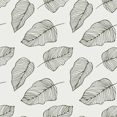 Seamless pattern, line drawing of contour leaves on a light background. Background, textile, vector