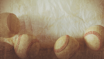 Old vintage baseball background with wrinkle texture and copy space by group of used game balls.