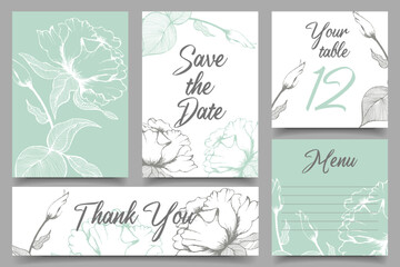 Rustic wedding invitation templates. Save the date. Thank you. Menu. your table. Calligraphy and hand drawn flowers line art. Vector