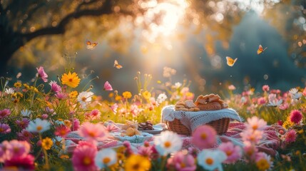 An artful event in a meadow of flowers with sun peeking through trees - obrazy, fototapety, plakaty