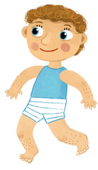 Obraz premium cartoon scene with young boy as anatomy model of body parts on white background illustration for children