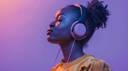 beautiful black woman listening to music with headphones on purple background in high resolution and high quality