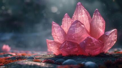 A pink crystal flower is on a rocky surface. The flower is surrounded by rocks and has a unique, almost otherworldly appearance. Concept of wonder and awe, as the flower seems to be a rare
