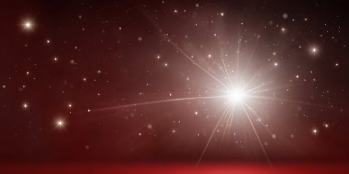 red background, directional light from the corner, several small stars in one part of the picture