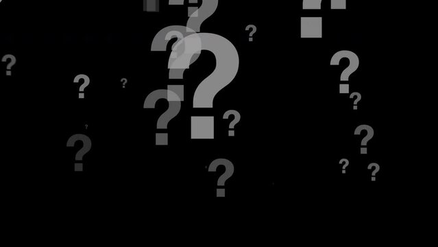 White question marks falling down on black alpha background