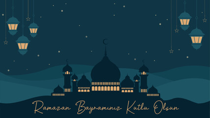 Eid Mubarak or Eid Al Fitr Islamic religious abstract background. Vector Illustration for poster, banner and greeting card.  Translation of Turkish calligraphy means Ramadan Kareem.