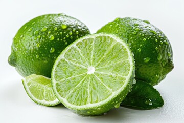 Realistic photograph of a complete Green lime with cut in half and slices