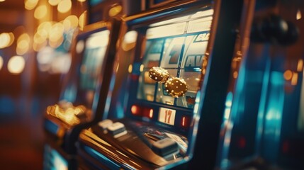 Close-up of slot machine reels with glowing lights, capturing the essence of casino entertainment and the allure of gaming