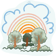 illustration of a tree with rainbow and clouds