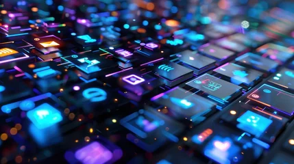 Foto op Plexiglas Closeup of computer keyboard with digital technology multimedia icons. AI generated image © saifur