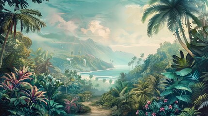 Beautiful tropical landscape with palm trees and tropical leaves wallpaper. Hand Drawn Design. Luxury Wall Mural

