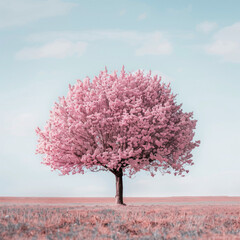 Obraz premium Solitary Cherry Blossom Tree in Serene Landscape