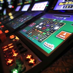 Illuminated electronic blackjack table with digital chips and a card display, showcasing modern gambling technology.