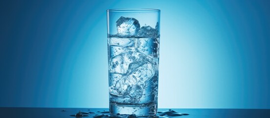 A rectangular glass filled with liquid, featuring water and ice cubes, set against an azure blue background creating an electric blue artistic display