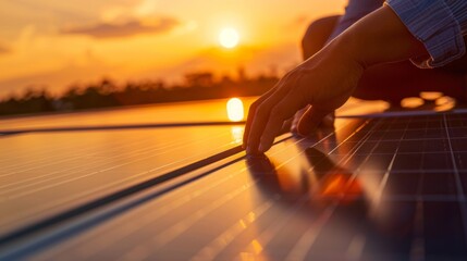 A closeup of hands carefully placing small solar cells onto a large panel with the sun shining brightly in the background. The caption . AI generation.