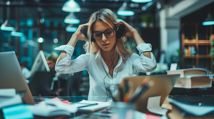 A stressed business woman in a modern office setting, surrounded by technology and paperwork, emphasizing the universal nature of workplace stress - obrazy, fototapety, plakaty
