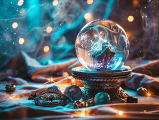 Crystal ball amidst mystical charms foretelling the future