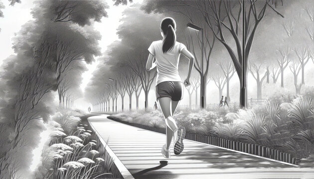 Slender girl enjoys a morning jog in a sunny park, strengthens muscles, leads a healthy lifestyle, body positivity, cartoon