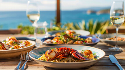 The picnic table is adorned with colorful plates of stuffed lobster tails zesty seafood pasta and decadent grilled scallops all served with a side of ocean views. - obrazy, fototapety, plakaty