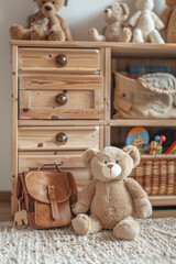 Cozy room with a wooden chest of drawers, handmade fabric dolls and wooden children's toys on the carpet