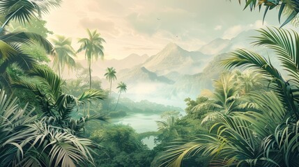 Beautiful tropical landscape with palm trees and tropical leaves wallpaper. Hand Drawn Design. Luxury Wall Mural

