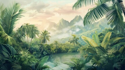 Beautiful tropical landscape with palm trees and tropical leaves wallpaper. Hand Drawn Design....