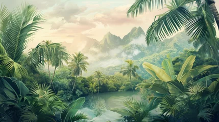 Foto auf Leinwand Beautiful tropical landscape with palm trees and tropical leaves wallpaper. Hand Drawn Design. Luxury Wall Mural   © Fatih