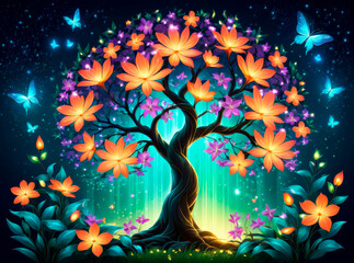 Illustration of a beautiful glowing magical tree with a bunch of flowers and sparkles. Magical landscape background