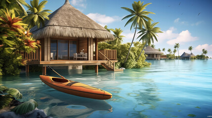 Tropical Paradise with Red Kayak