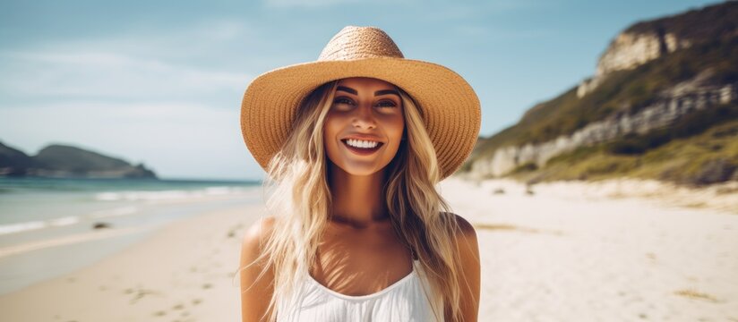 An image of a female wearing a hat made of straw standing on the sandy shore by the sea