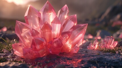 A pink crystal formation is on a rocky shore. The pink color of the crystal is very bright and stands out against the rocky background. The crystal formation is surrounded by grass