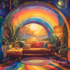 A vibrant and surreal living room setup with a rainbow arc, sunset view, and colorful decor, perfect for depicting themes of happiness and comfort in interior design