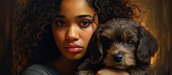 A woman is cuddling a small livercolored Toy dog, a carnivorous companion breed known for their loyalty and affection. The dog is held tenderly in her arms, sharing a special bond with its owner