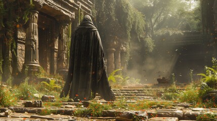 A man in a black cloak stands in a lush green field. The scene is set in a fantasy world, with a sense of mystery and adventure. The man is a powerful figure, possibly a warrior or a sorcerer