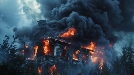 Flames engulf a crumbling building sending clouds of dark smoke billowing into the sky.