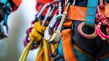 Close up a worker full equipment fall arrest device safety belt hooks. AI generated image