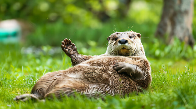 The image depicts an otter lying on a grassy ground.