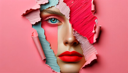Woman's face with bold red lipstick peeking through ripped pink paper. Studio portrait photography abstract concept. Creative makeup cosmetics concept for design and print. Close-up place for text