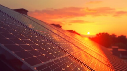 A row of solar panels on the rooftop of a building illuminated by the bright orange glow of the sunset. . AI generation.