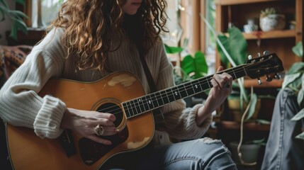 Portrait cropped a curly young woman guitarist enjoy playing guitar in home. AI generated image