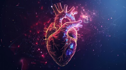 Human anatomy heart shape neon glowing light low poly style infographic. AI generated image