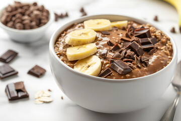 Obraz premium Close-Up Thick And Creamy Banana Overnight Oats Blended With Chocolate In Home Interior, Breakfast Photography, Food Menu Style Photo Image