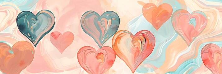 Whirling hearts come alive in a retro-style print, forming a seamless pattern that exudes love and creativity against a backdrop of soft pastel hues.
 - obrazy, fototapety, plakaty