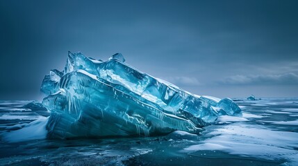 A large iceberg gracefully floats on the surface of the deep blue sea, surrounded by glistening...